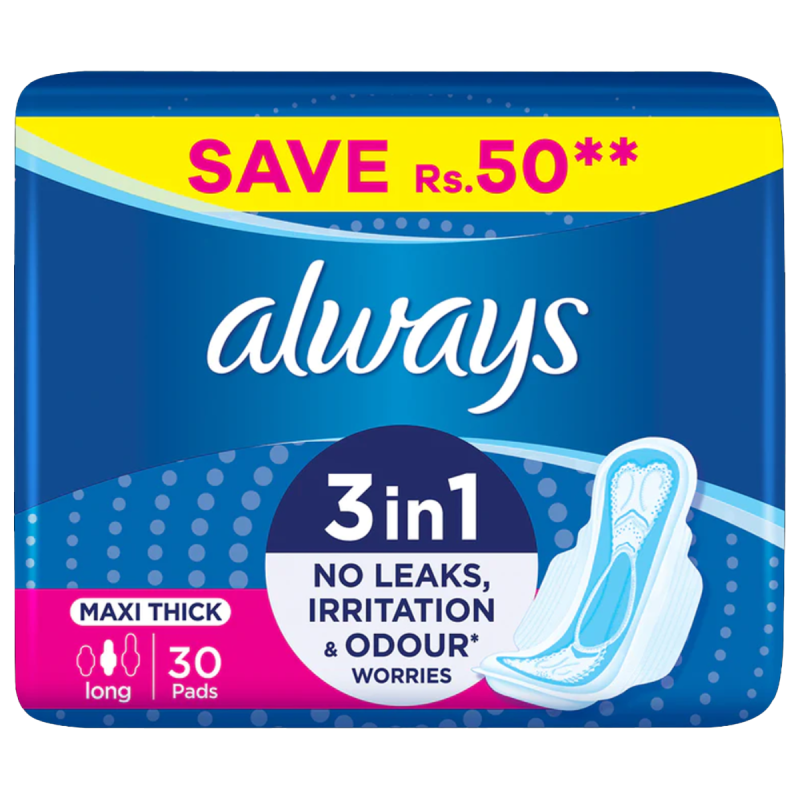 Always 3-in-1 Maxi Thick (Long) Sanitary Pads Value Pack, 30 Pads